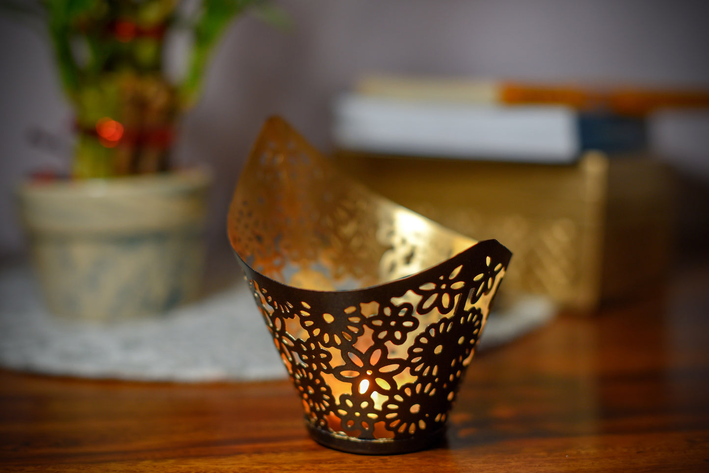 Metal Votive Semi Cone Black outside and Golden inside Large