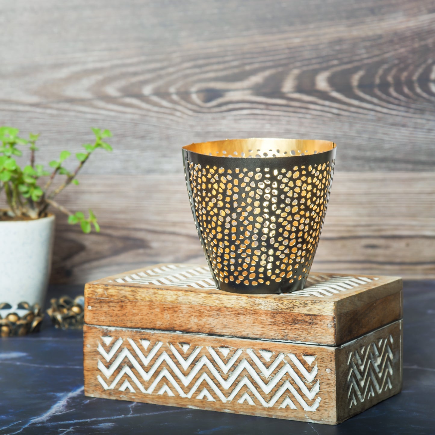 Metal Votive Bucket Shape with black Colour outside and Golden inside