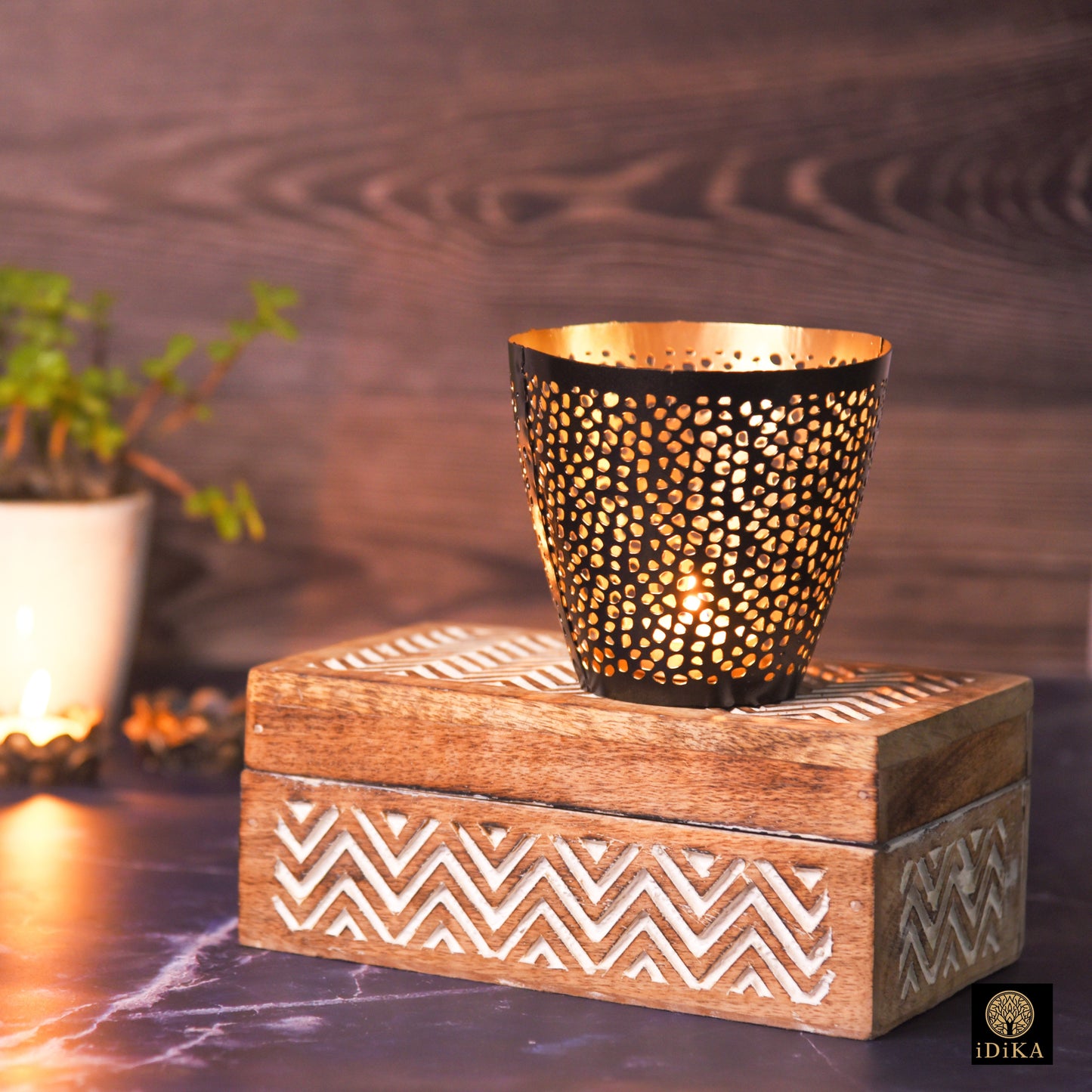 Metal Votive Bucket Shape with black Colour outside and Golden inside